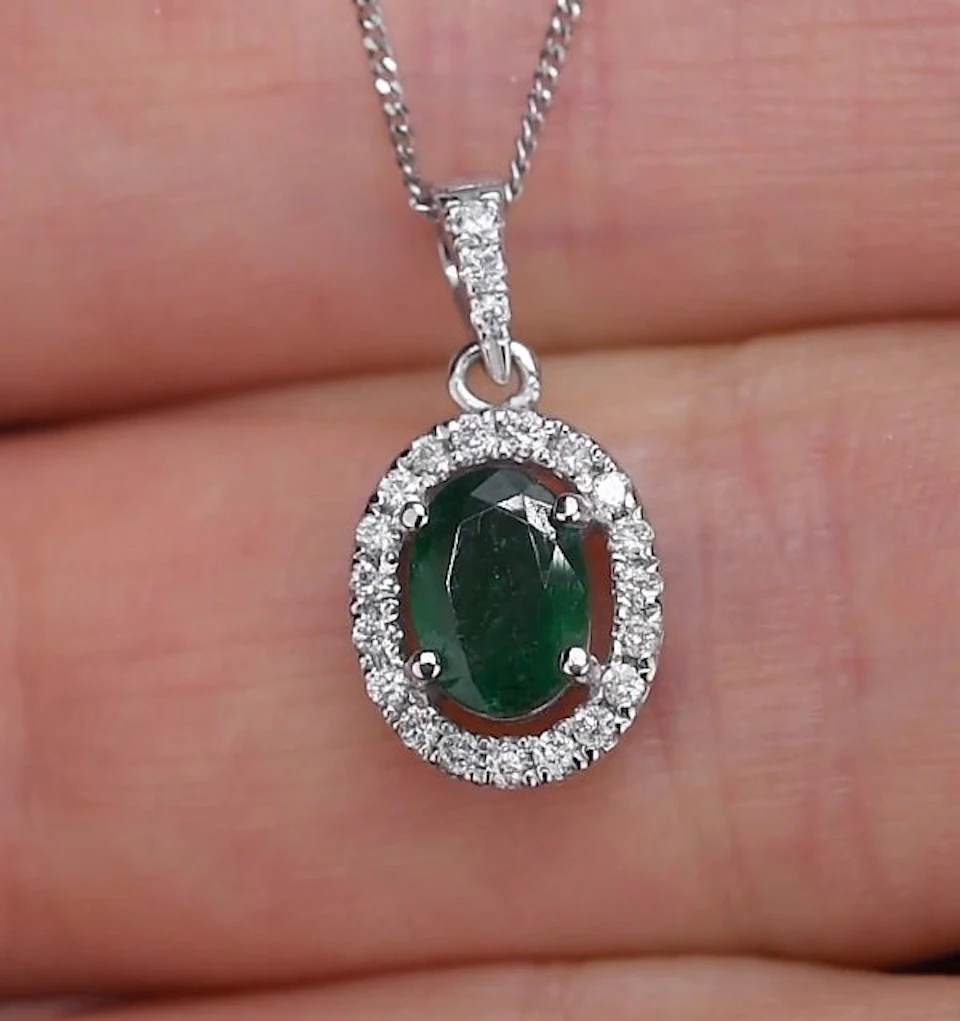 Emerald 0.70CT And Diamond 18K White Gold Pendant Necklace