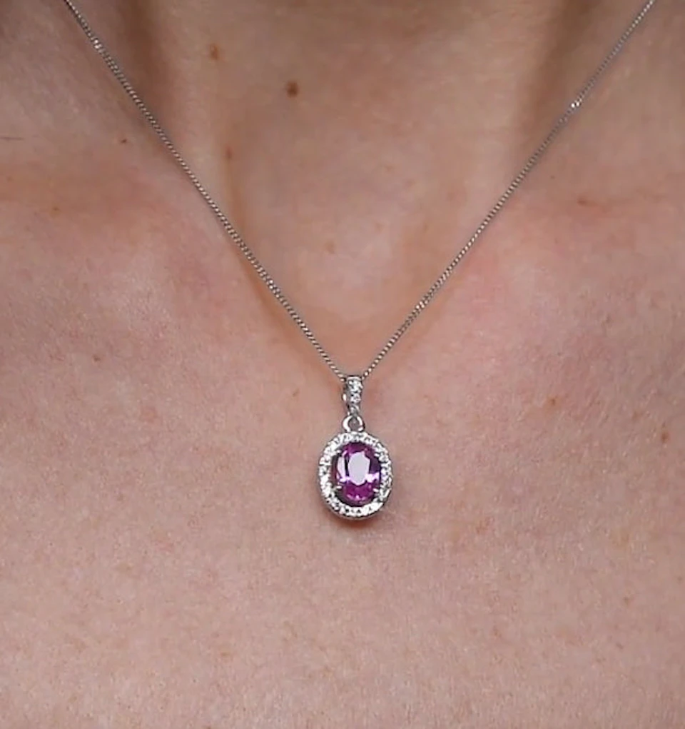 Pink Sapphire 7 X 5mm and Diamond 18K White Gold Pendant Necklace