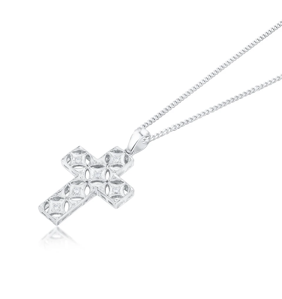 9K White Gold Diamond Design Cross Pendant (0.10ct)