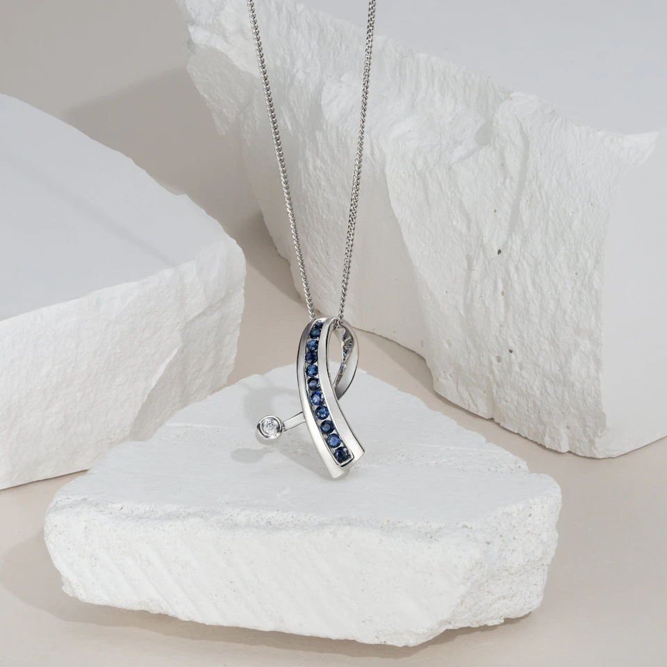 Sapphire And 0.02CT Diamond Ribbon Pendant Necklace 9K White Gold