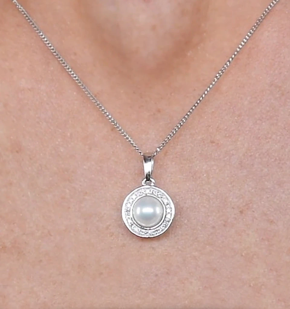 Pearl and Diamond Halo Stellato Pendant Necklace in 9K White Gold