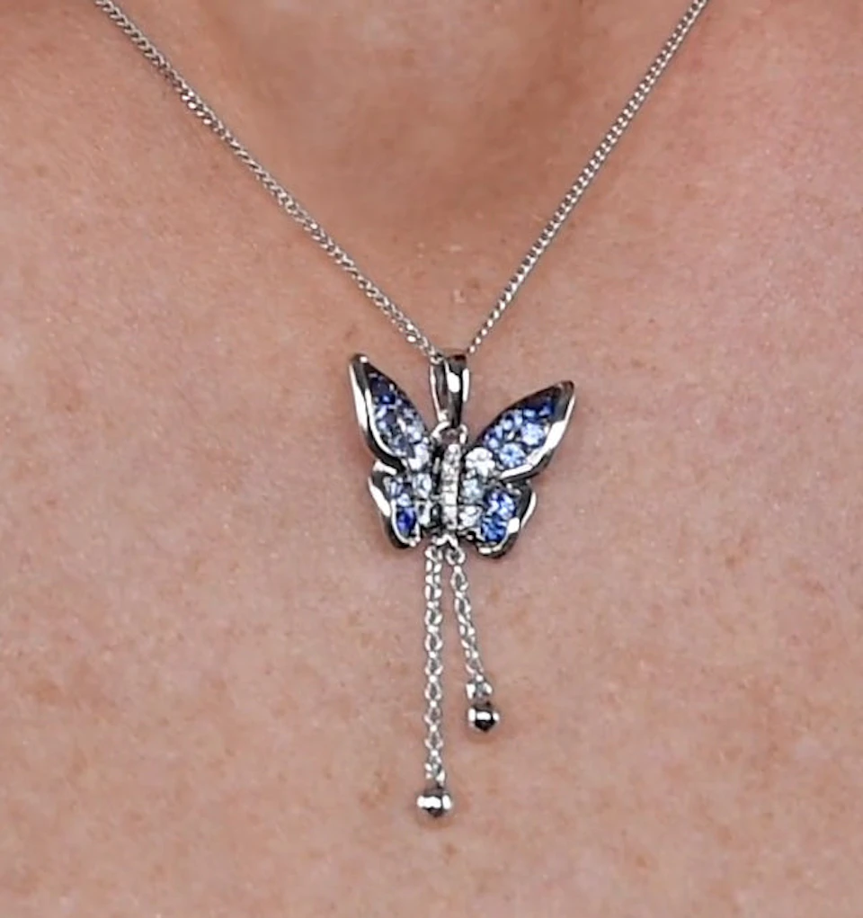 Stellato Sapphire Diamond Butterfly Pendant Necklace 9K White Gold