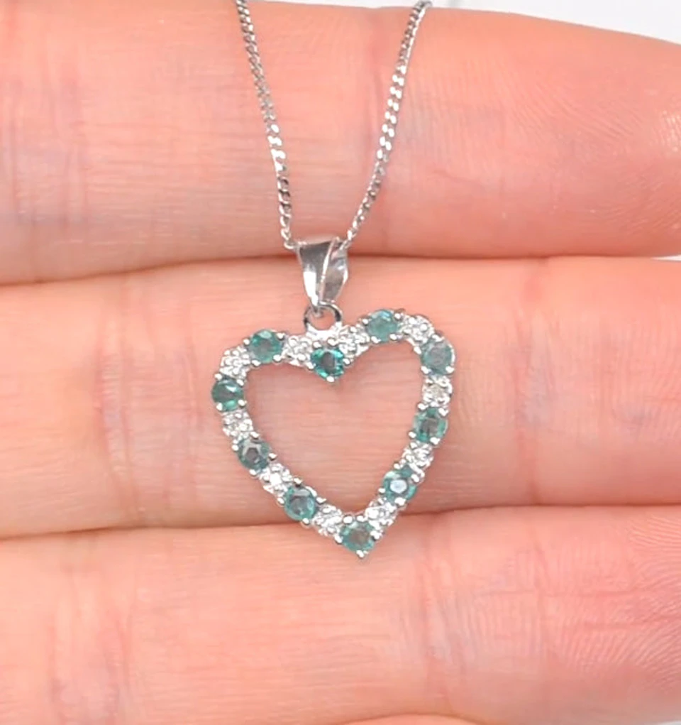 Emerald 0.54CT And Diamond 9K White Gold Heart Pendant Necklace