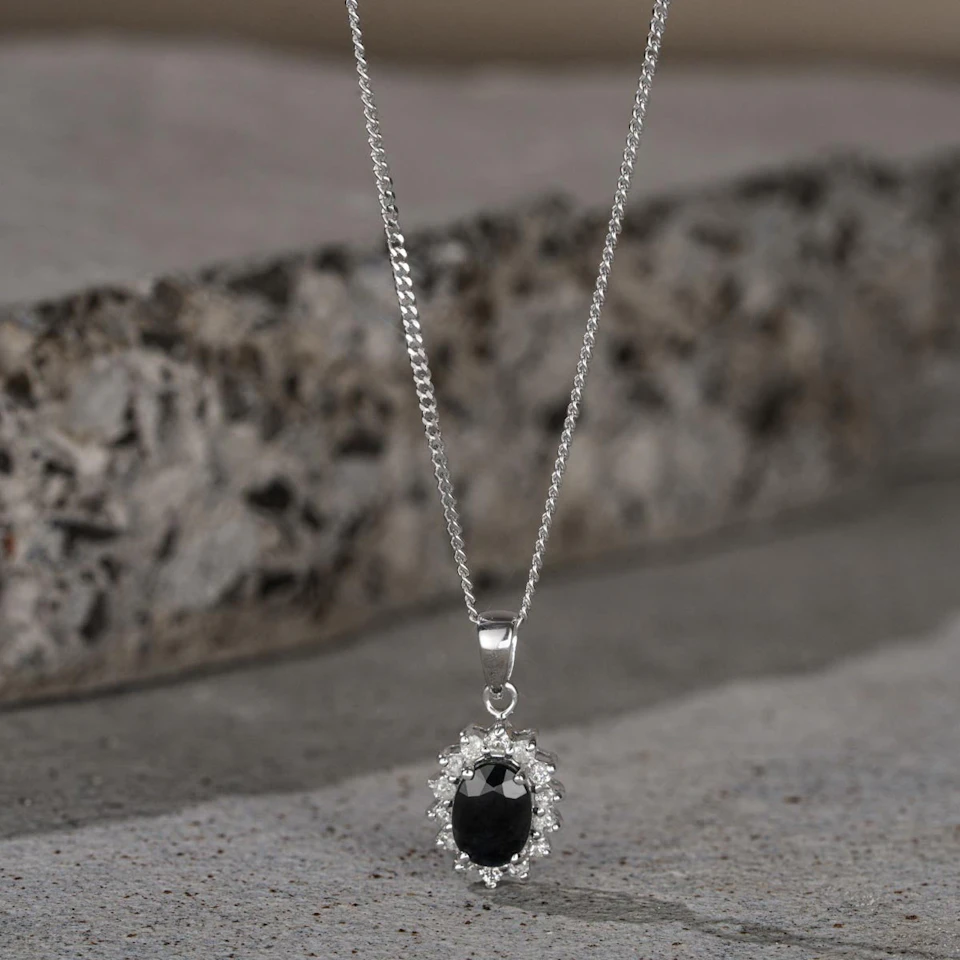 Sapphire 7 x 5mm And Diamond 9K White Gold Pendant Necklace