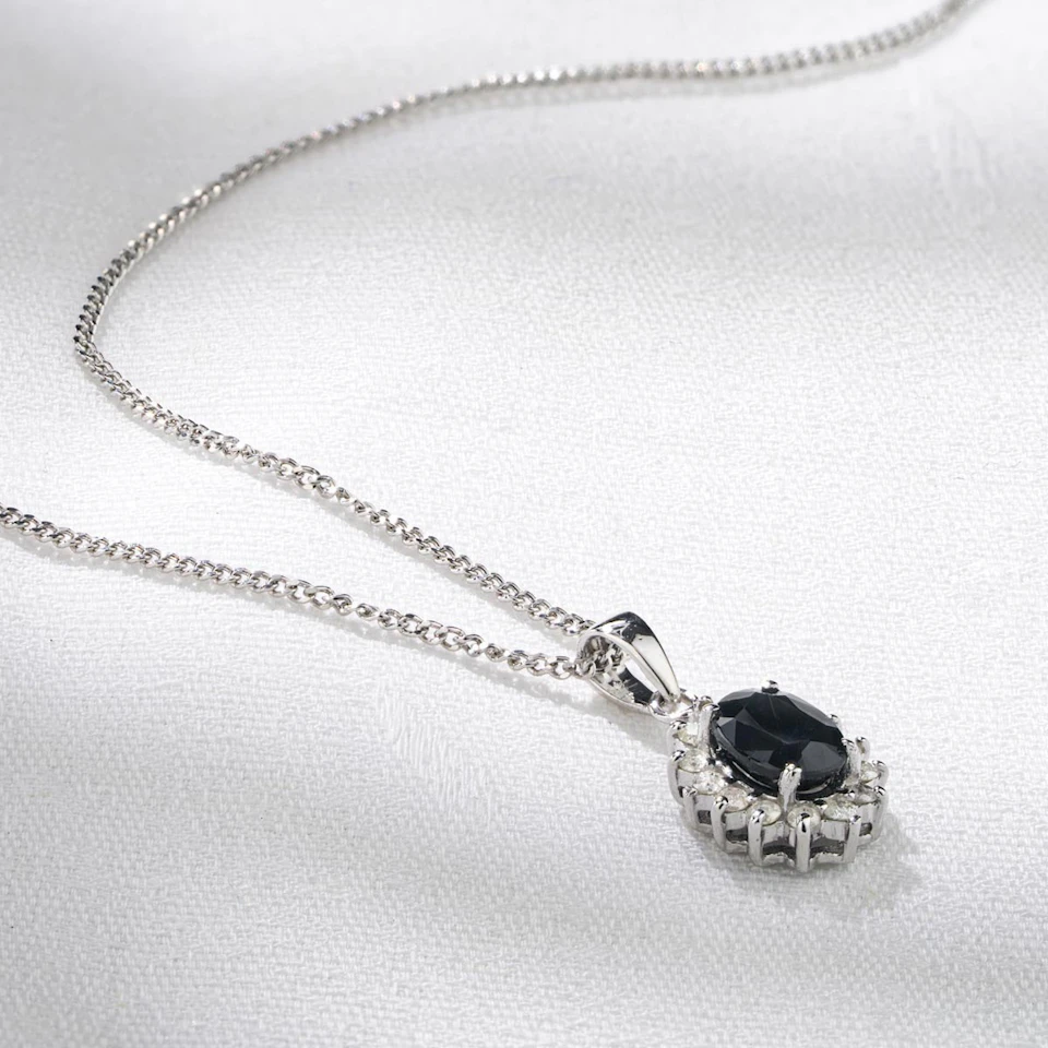 Sapphire 7 x 5mm And Diamond 9K White Gold Pendant Necklace