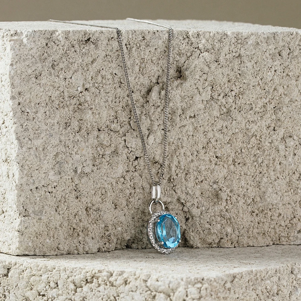 Blue Topaz 2.96CT And Diamond 9K White Gold Pendant Necklace