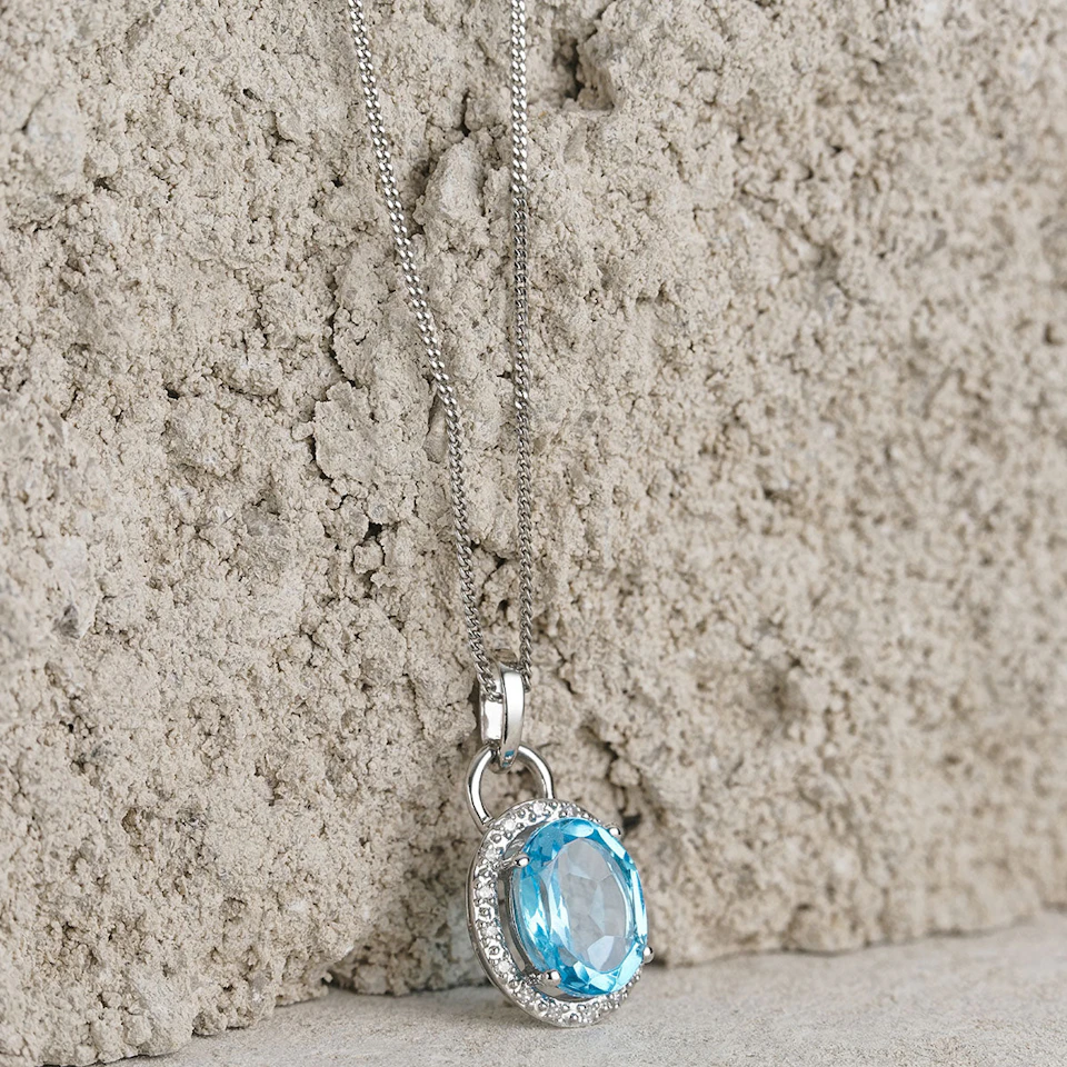 Blue Topaz 2.96CT And Diamond 9K White Gold Pendant Necklace