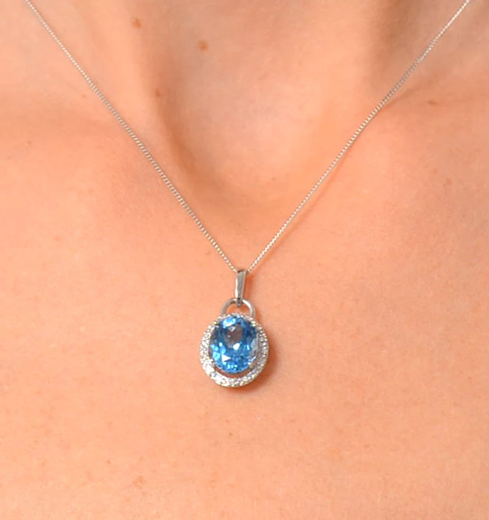 Blue Topaz 2.96CT And Diamond 9K White Gold Pendant Necklace