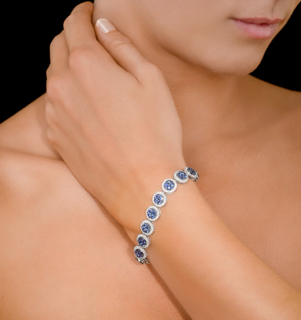 Diamond Halo and Sapphire Bracelet in 18K White Gold Bracelet J3357W