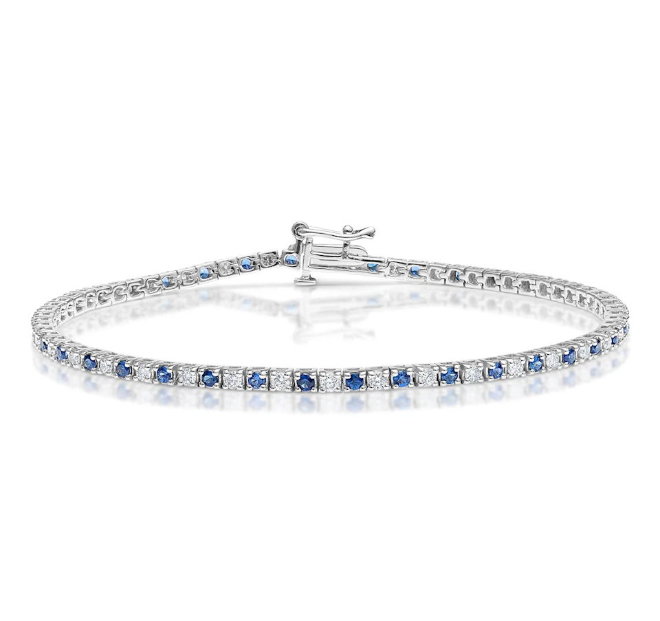Blue Sapphire and 1ct Lab Diamond Tennis Bracelet in 9K White Gold