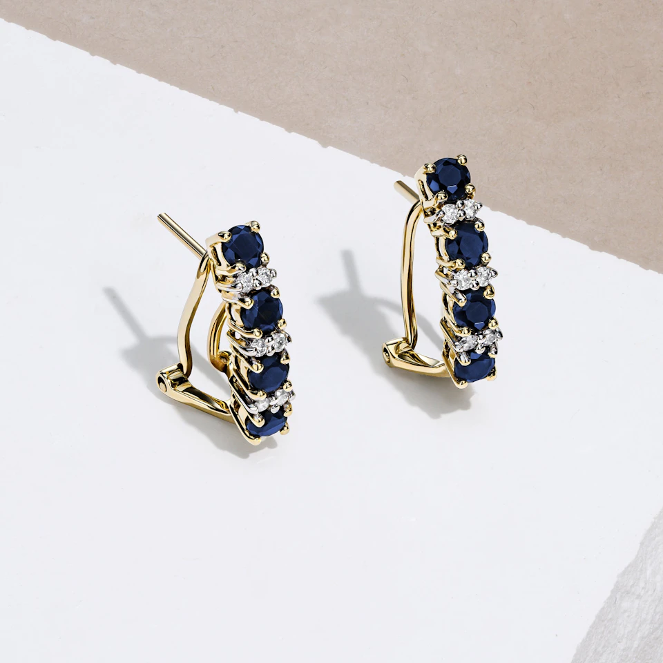 Sapphire 1.45CT And Diamond 9K Yellow Gold Earrings