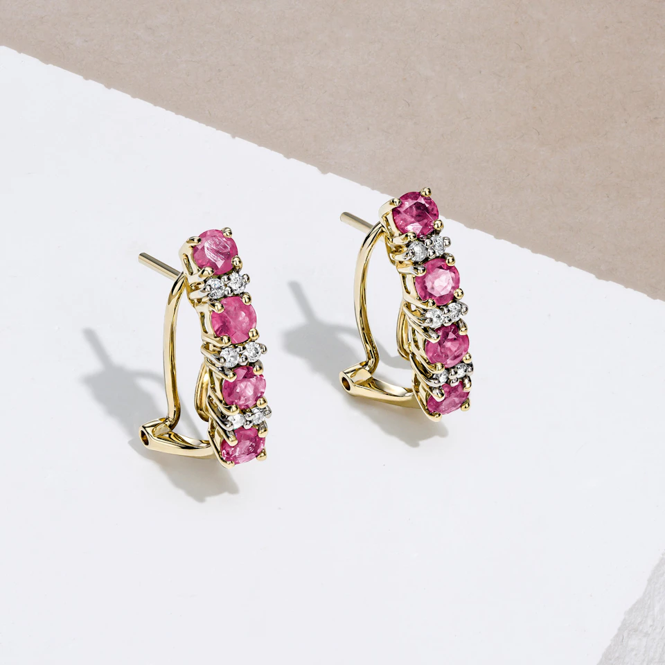 Pink Sapphire 1.15CT And Diamond 9K Yellow Gold Earrings