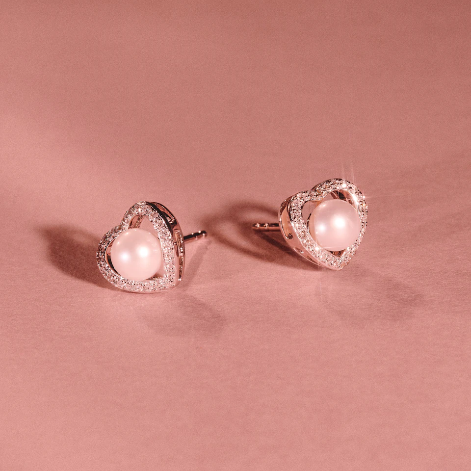Stellato Collection Pearl and Diamond Heart Earrings in 9K White Gold