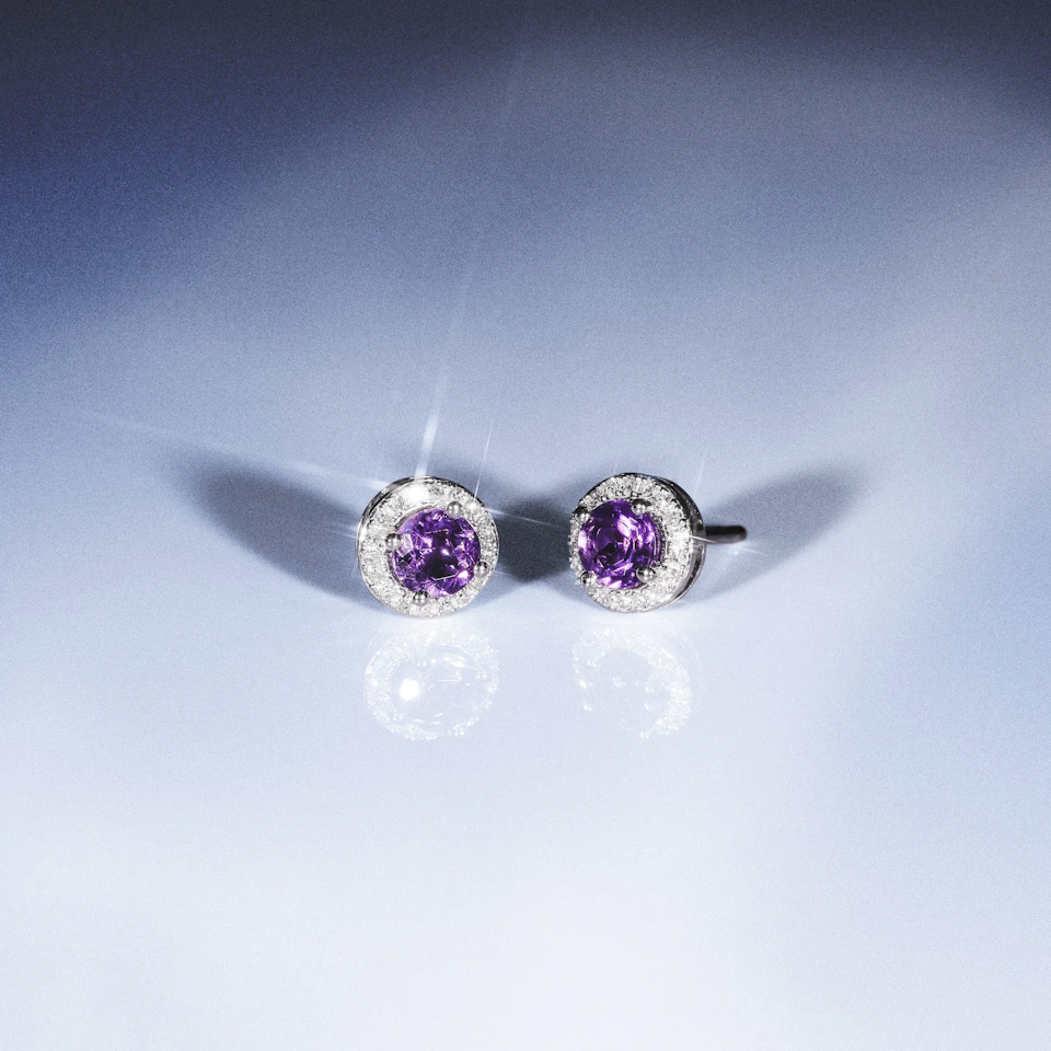 0.64ct Amethyst and Diamond Halo Stellato Earrings in 9K White Gold