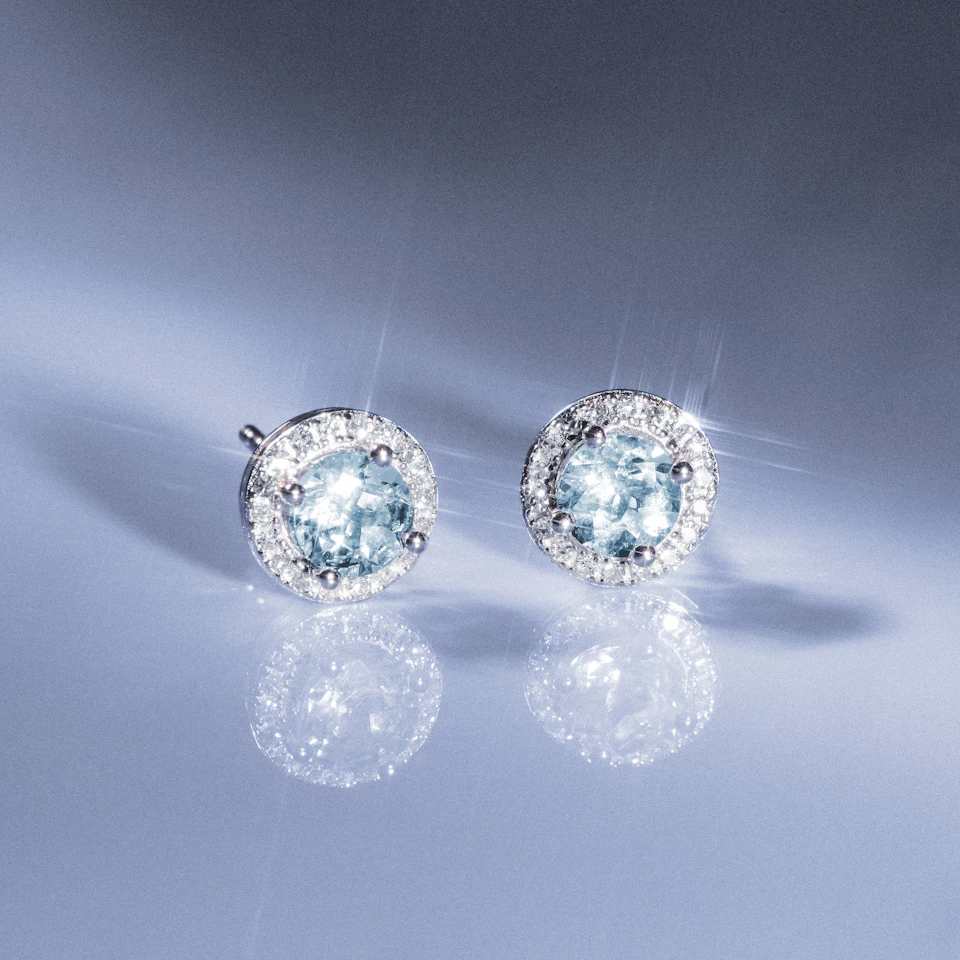 0.69ct Aquamarine and Diamond Halo Stellato Earrings in 9K White Gold