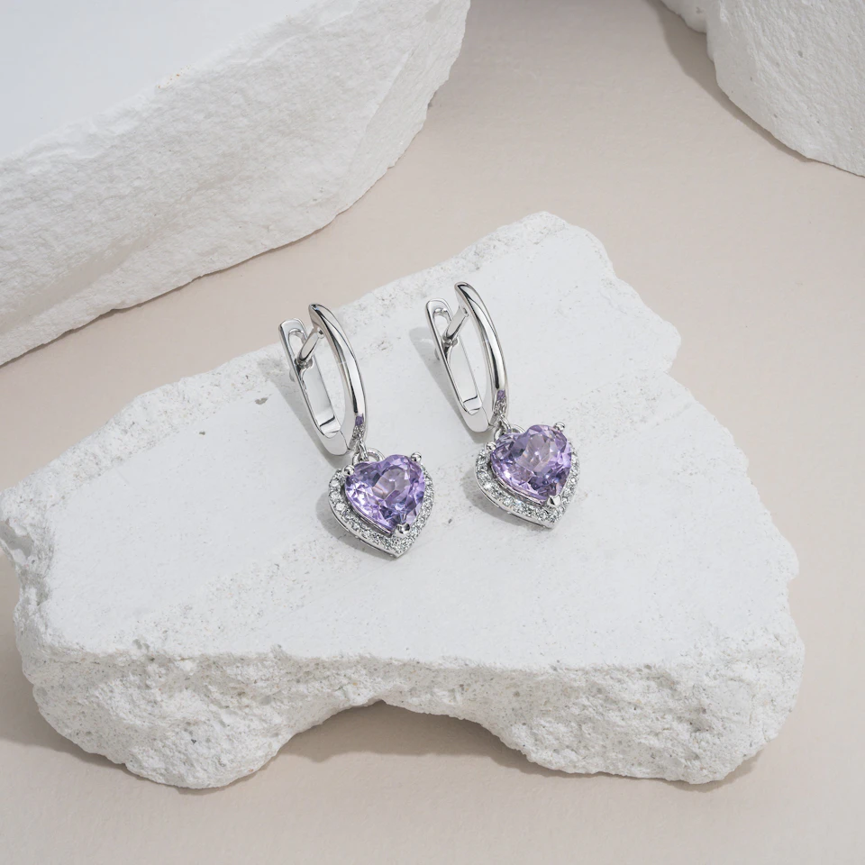 Stellato Amethyst and Diamond Pave Heart Earrings in 9K White Gold