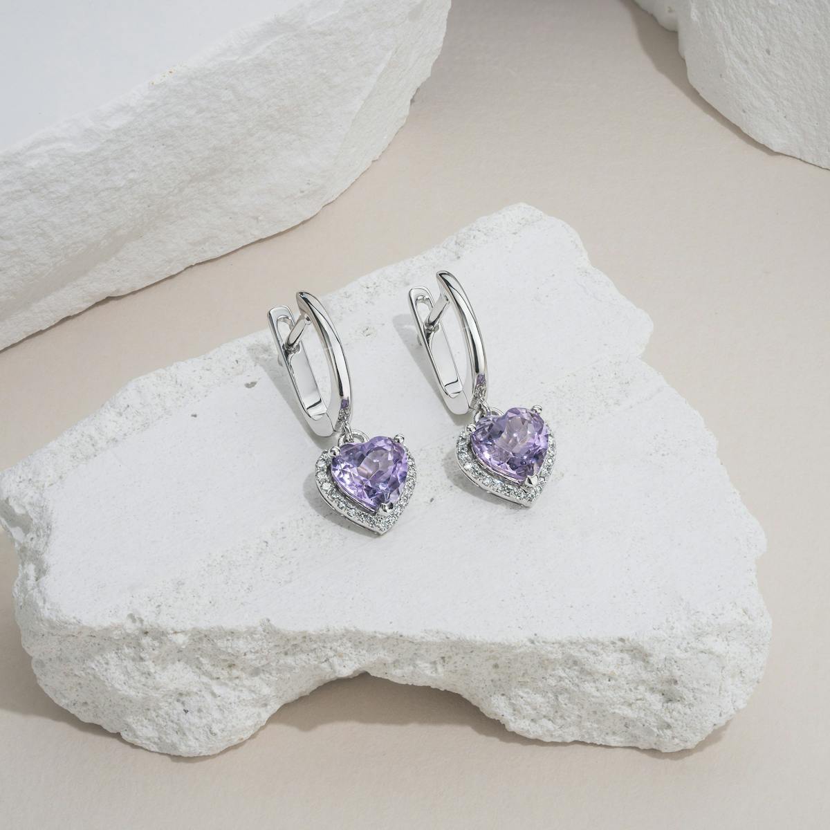 Stellato Amethyst and Diamond Pave Heart Earrings in 9K White Gold
