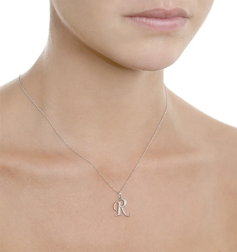925 Silver Lab Diamond Initial 'R' Necklace 0.05ct
