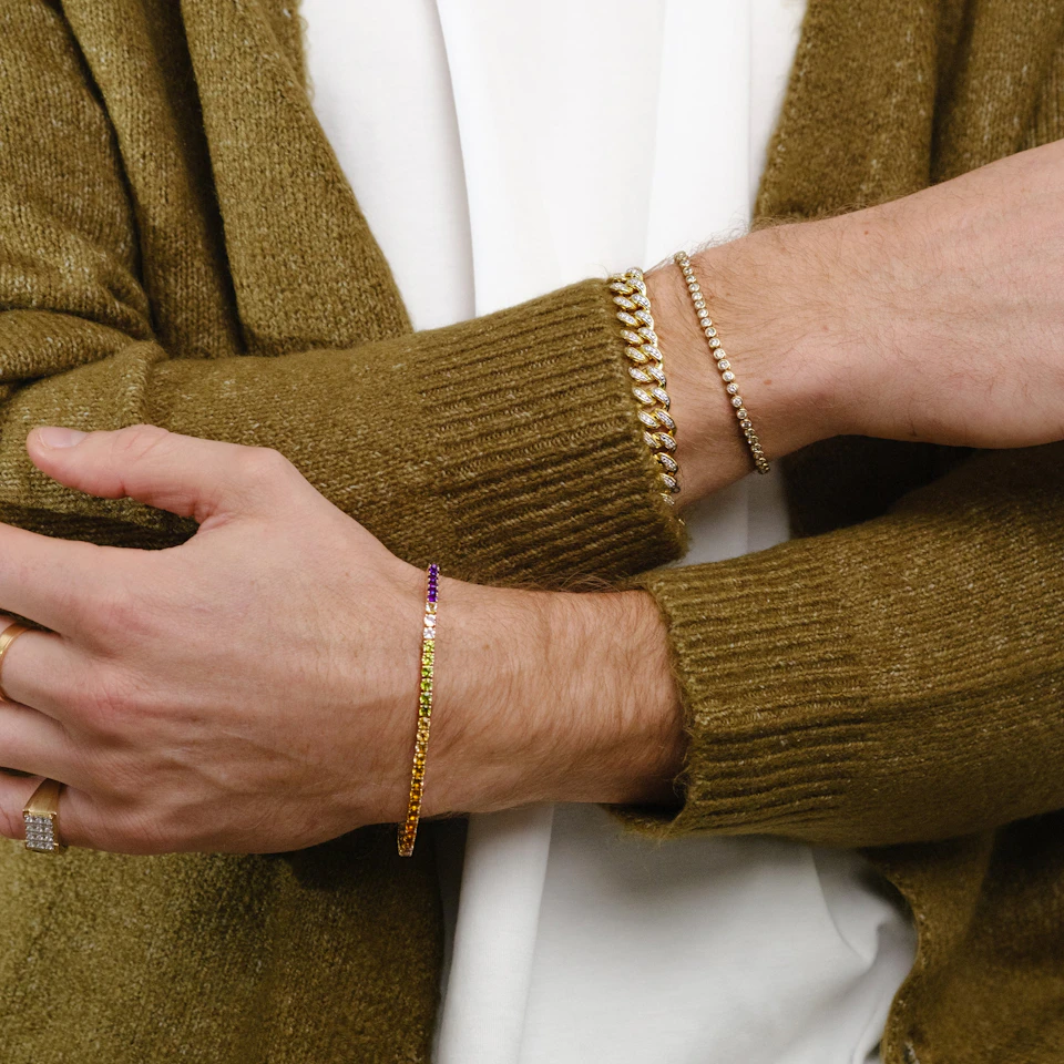 Mens Rainbow Gem Stones Bracelet 10ct Set in 9K Yellow Gold