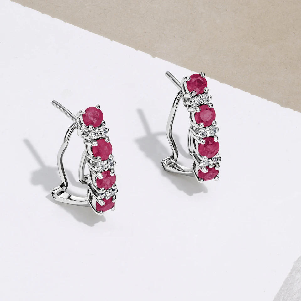 Ruby 1.30CT And Diamond 9K White Gold Earrings