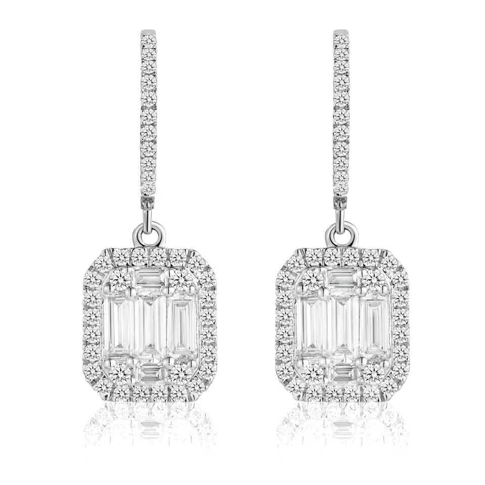 Baguette Lab Diamond Halo Earrings 1.30ct G/VS Set in 9K White Gold