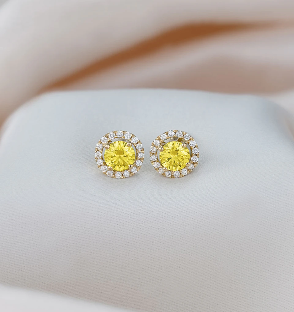 Ella Yellow Lab Diamond 1.34ct Halo Earrings in 18K Yellow Gold - Elara Collection