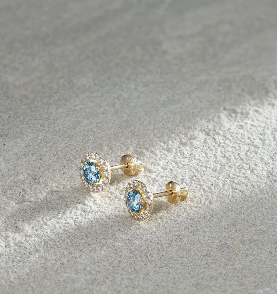 Ella Blue Lab Diamond 1.34ct Halo Earrings in 18K Yellow Gold - Elara Collection