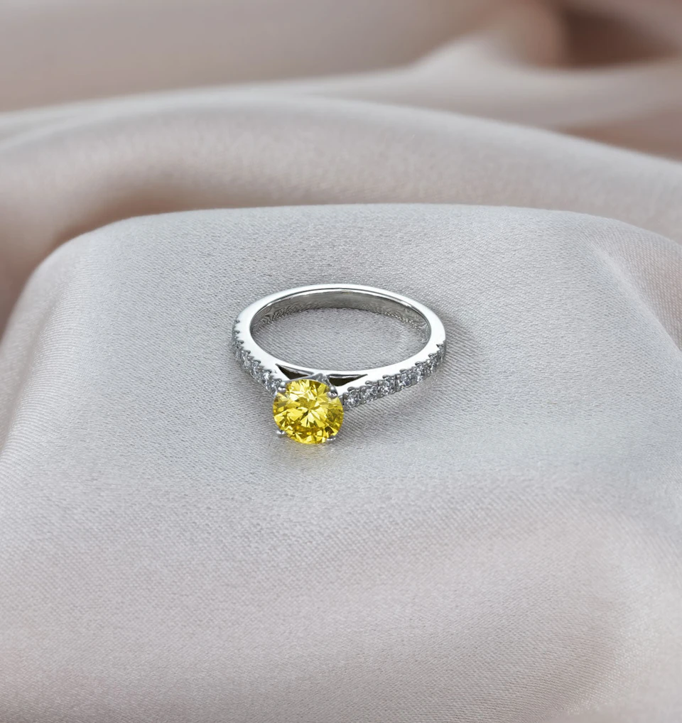 Natalia Yellow Lab Diamond 1.50ct Side Stone Ring in Platinum - Elara Collection