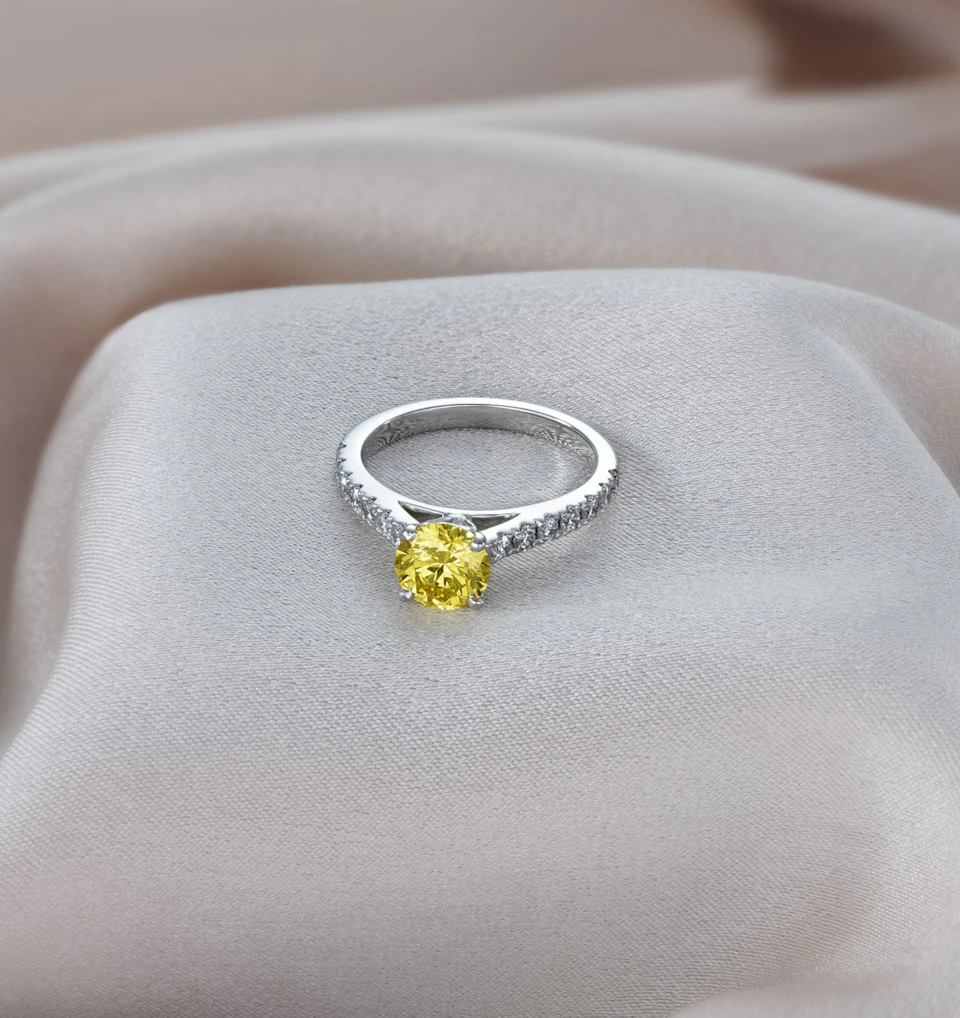 Natalia Yellow Lab Diamond 1.50ct Side Stone Ring in 18K White Gold - Elara Collection