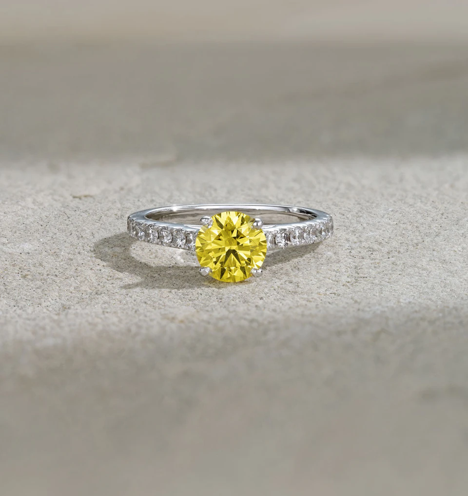 Natalia Yellow Lab Diamond 1.50ct Side Stone Ring in 18K White Gold - Elara Collection
