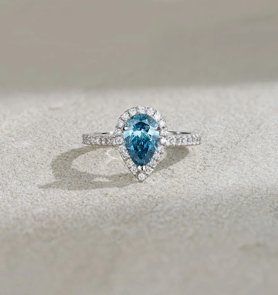 Diana Blue Lab Diamond Pear Halo Ring 1.60ct in Platinum - Elara Collection