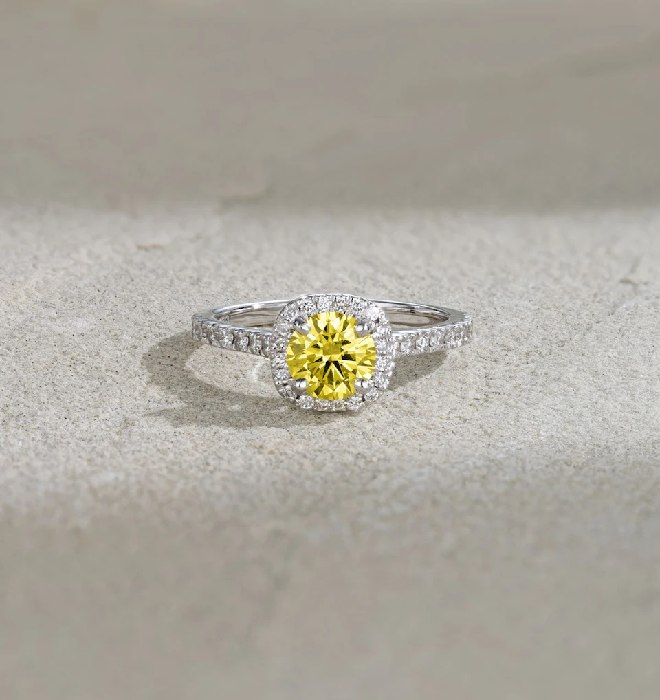 Elizabeth Yellow Lab Diamond 1.70ct Halo Ring in 18K White Gold - Elara Collection