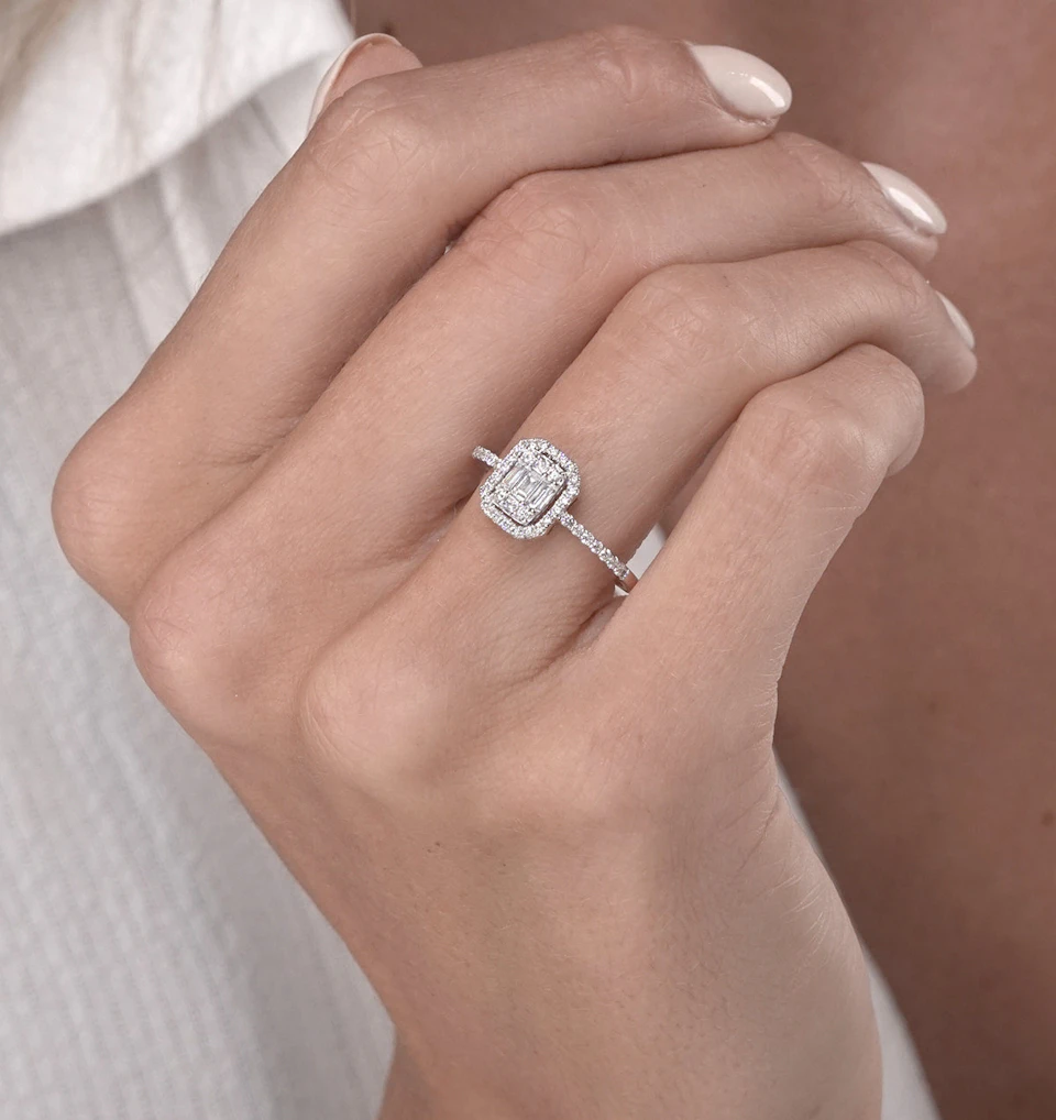 0.40ct Halo Baguette Diamond Asteria Ring in 18K White Gold