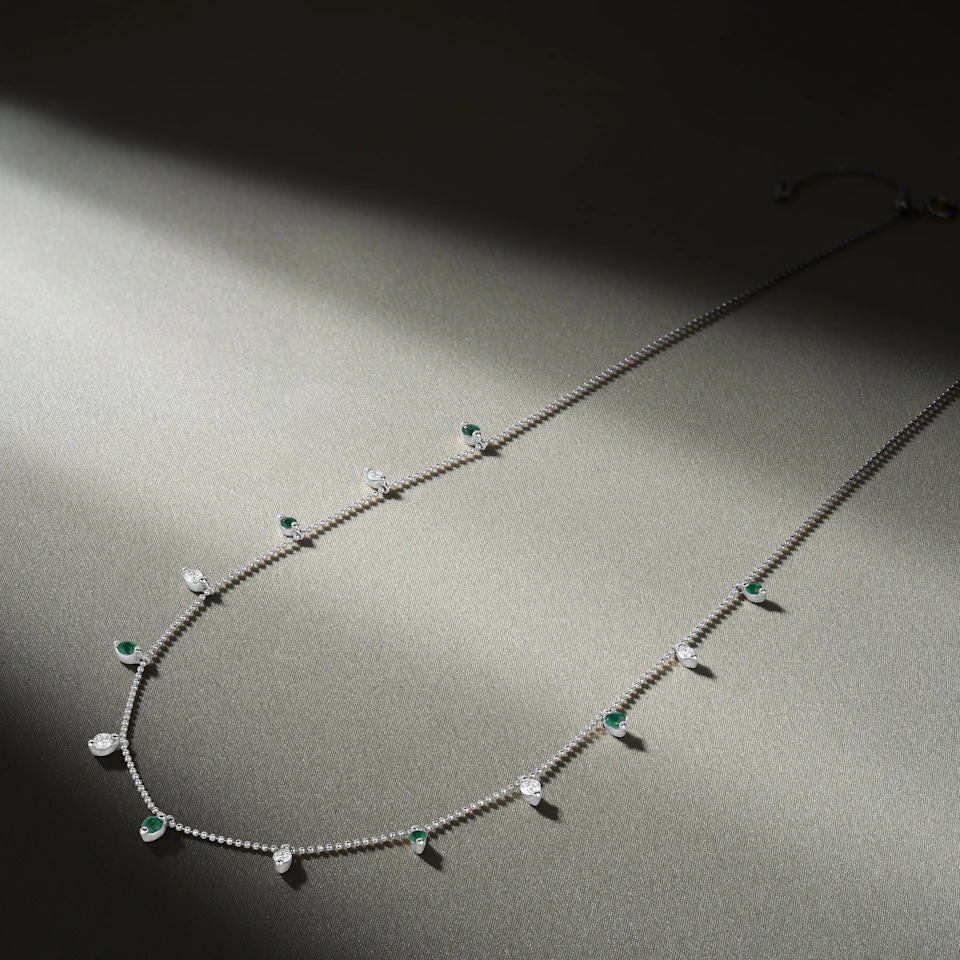 Vivara Lab Emerald and Lab Diamond Necklace Set in 9K White Gold