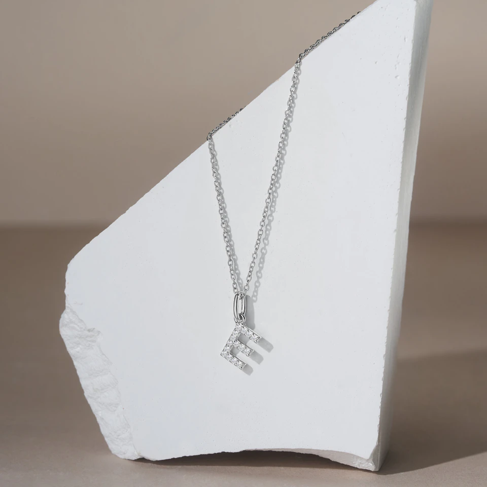 Love Letter Initial E Lab Diamond Necklace set in 925 Sterling Silver