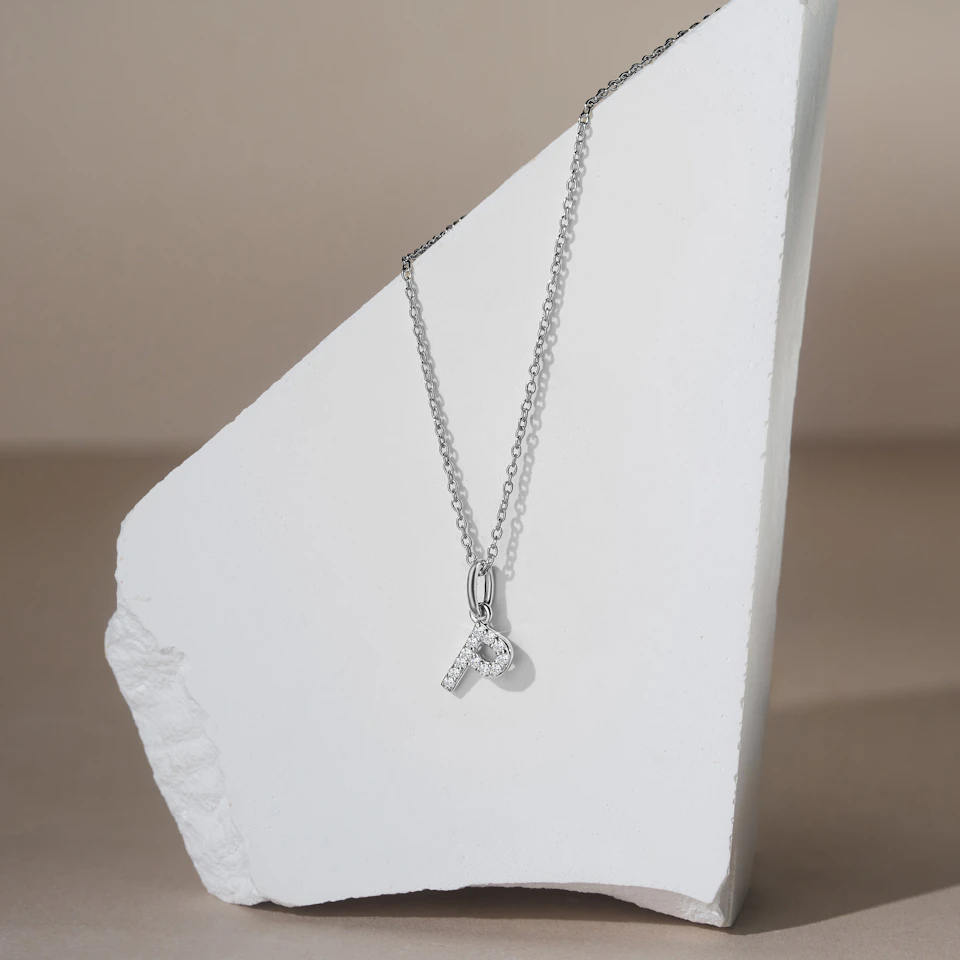 Love Letter Initial P Lab Diamond Necklace set in 925 Sterling Silver
