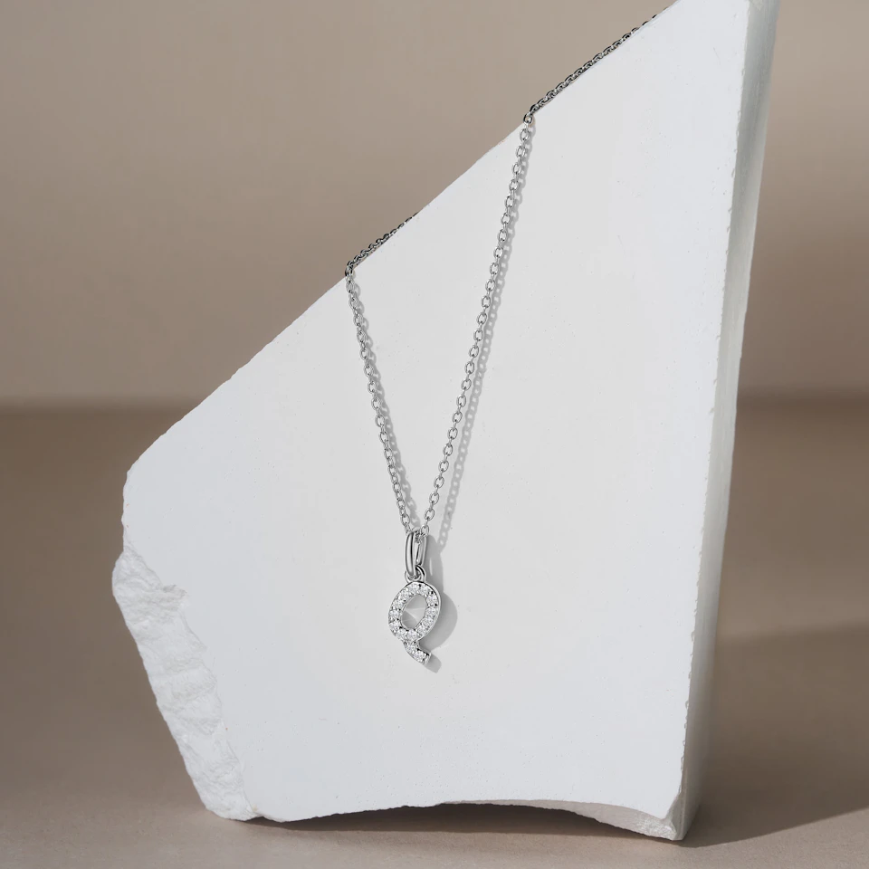 Love Letter Initial Q Lab Diamond Necklace set in 925 Sterling Silver
