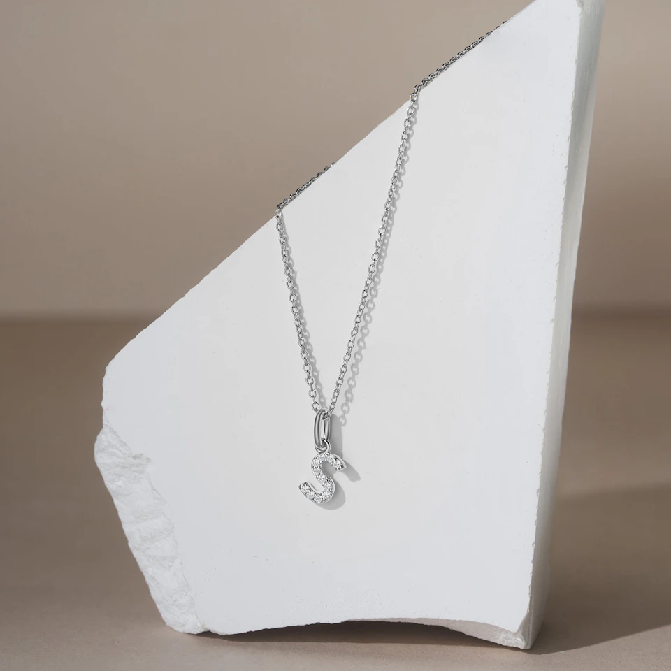 Love Letter Initial S Lab Diamond Necklace set in 925 Sterling Silver