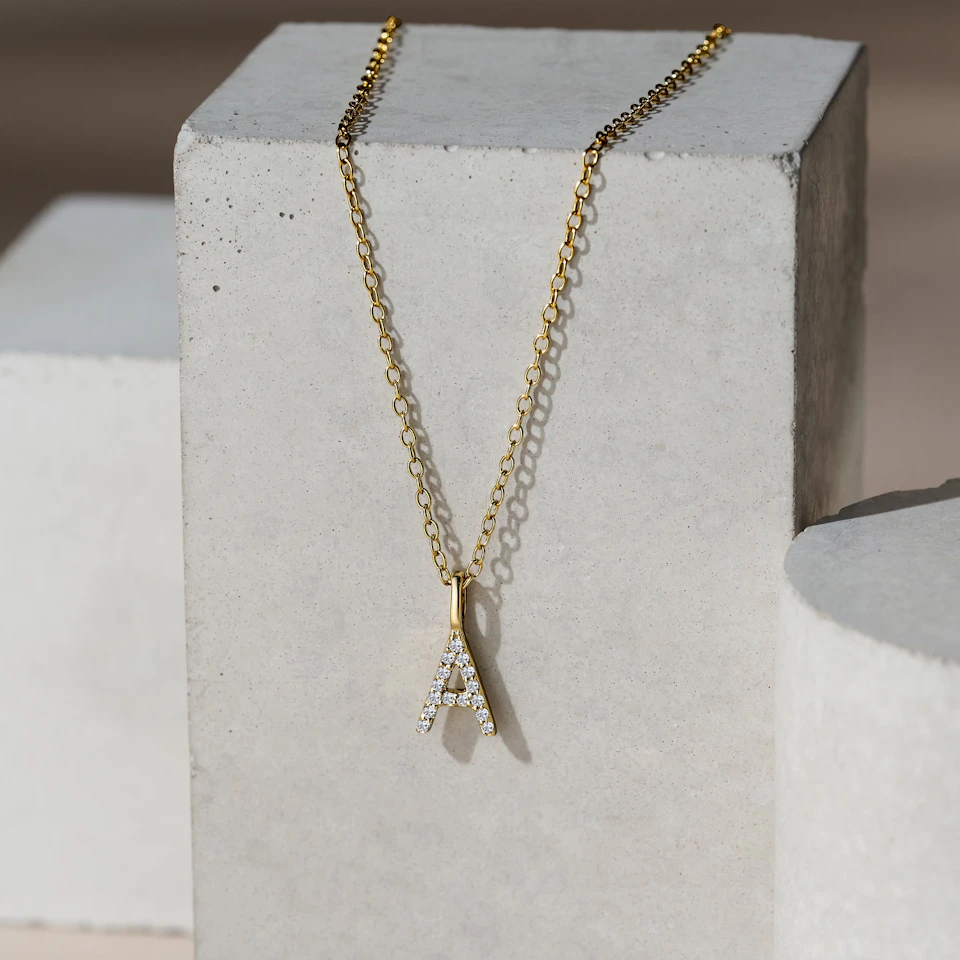 Love Letter Initial A Lab Diamond Necklace set in 9K Yellow Gold