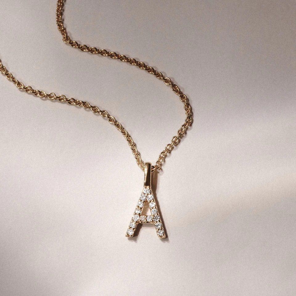 Love Letter Initial A Lab Diamond Necklace set in 9K Yellow Gold