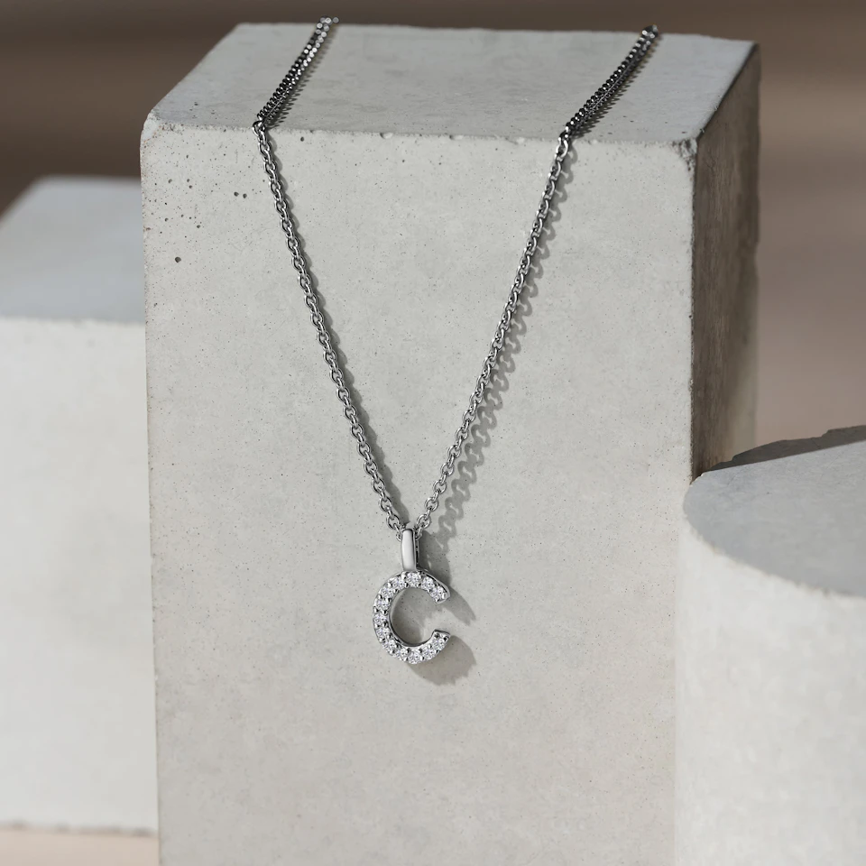 Love Letter Initial C Lab Diamond Necklace set in 9K White Gold