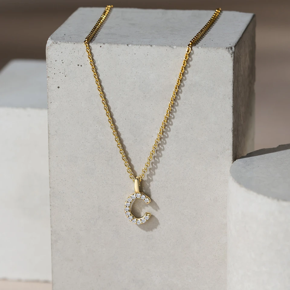 Love Letter Initial C Lab Diamond Necklace set in 9K Yellow Gold