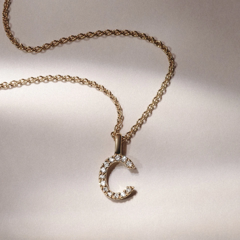 Love Letter Initial C Lab Diamond Necklace set in 9K Yellow Gold