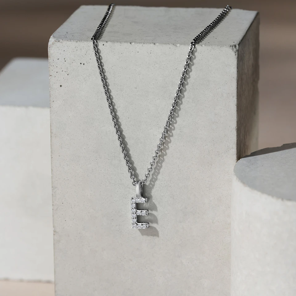 Love Letter Initial E Lab Diamond Necklace set in 9K White Gold