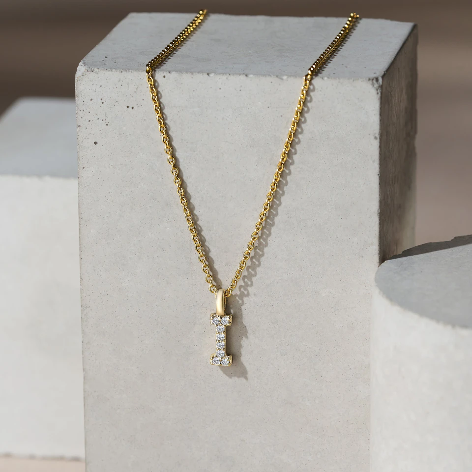 Love Letter Initial I Lab Diamond Necklace set in 9K Yellow Gold