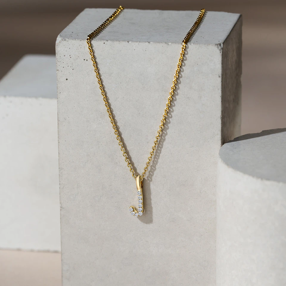 Love Letter Initial J Lab Diamond Necklace set in 9K Yellow Gold