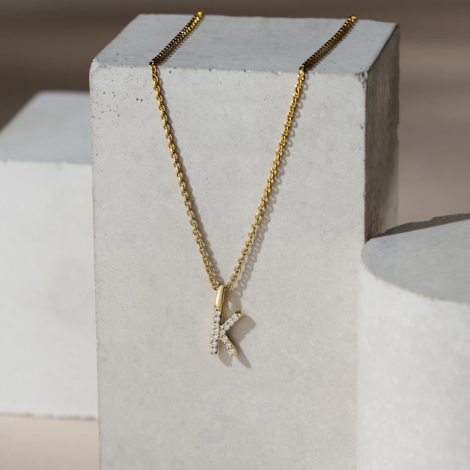 Love Letter Initial K Lab Diamond Necklace set in 9K Yellow Gold