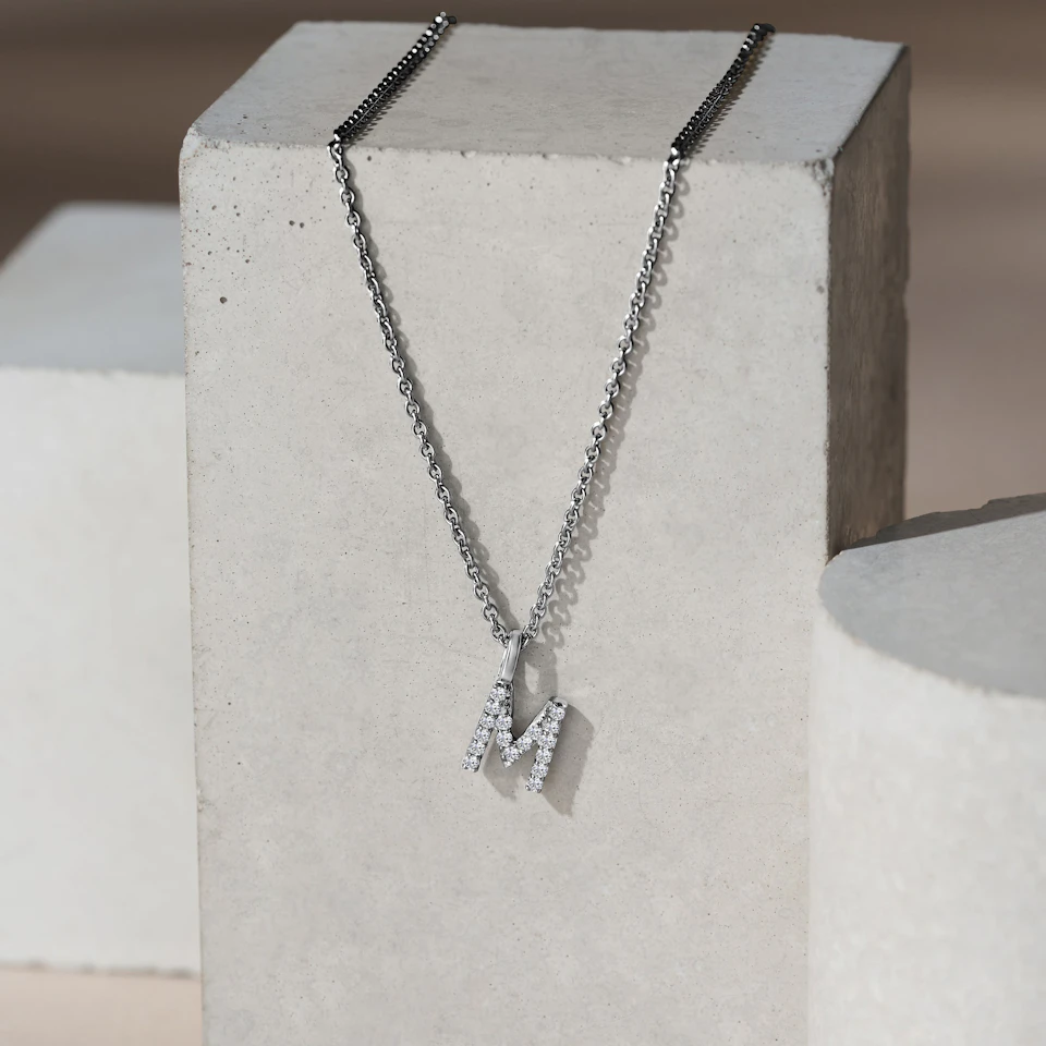 Love Letter Initial M Lab Diamond Necklace set in 9K White Gold