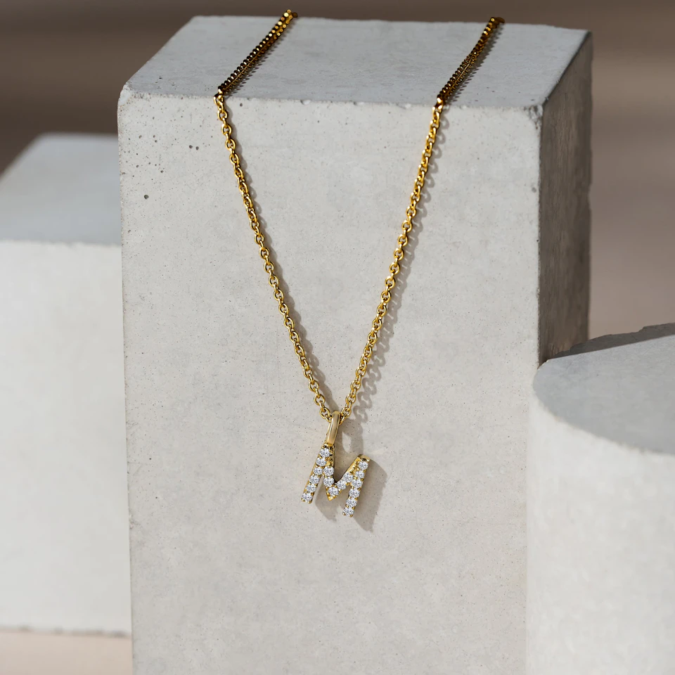 Love Letter Initial M Lab Diamond Necklace set in 9K Yellow Gold