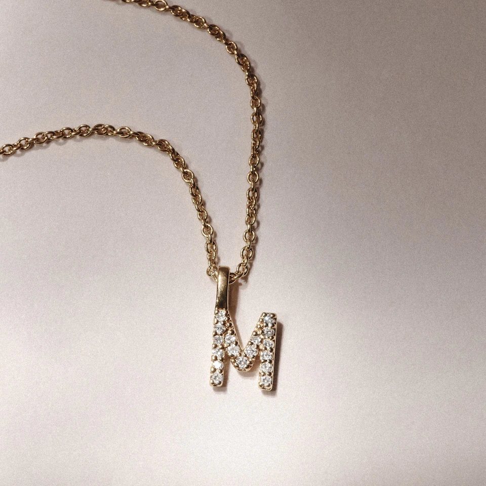 Love Letter Initial M Lab Diamond Necklace set in 9K Yellow Gold